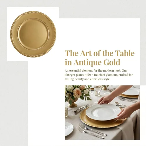 Miniatura 4 de Paquete de 12 platos de carga dorados de plástico, platos de carga redondos reutilizables de 13 pulgadas, cargadores decorativos para cena, platos