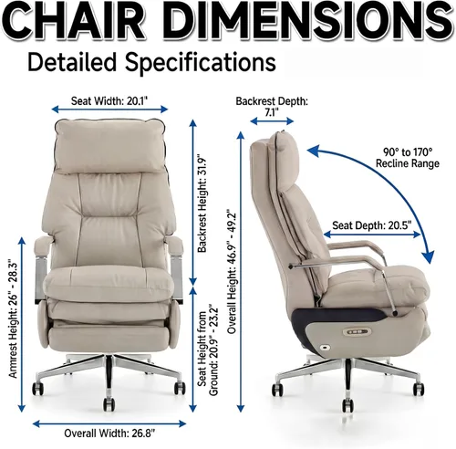 Miniatura 2 de Silla de oficina reclinable ejecutiva de doble motor con reposapiés, reclinable eléctrico con un solo clic, soporte lumbar de masaje y almohada
