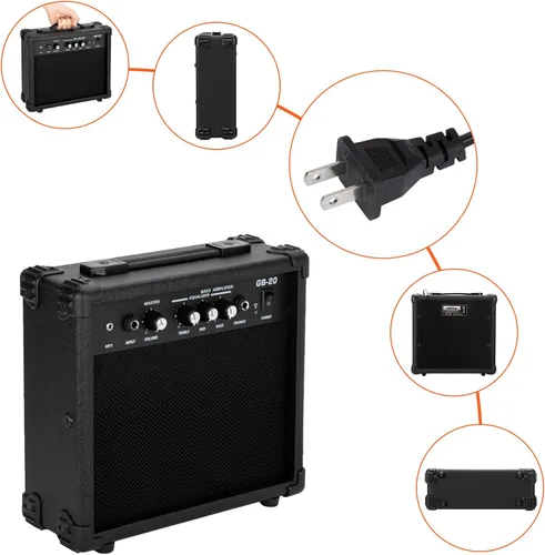Miniatura 7 de Ktaxon Juego de bajo eléctrico de tamaño completo con diseño de llama con amplificador de 20 W, bolsa de bajo portátil, cable de amplificador Negro