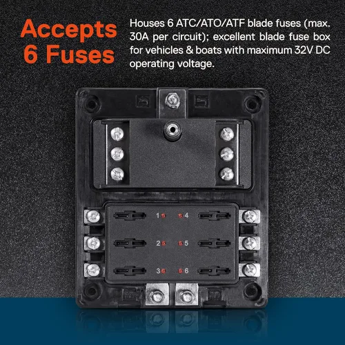 Miniatura 2 de True Mods Caja de fusibles de 6 vías con bus negativo de tierra para automoción [entradas positivas duales] [12V - 32V CC] [180 amperios]
