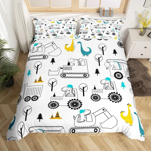 Miniatura 10 de Juego de ropa de cama de construcción, tamaño individual, para niños, camiones, juego de funda de edredón para niños, adolescentes, caricaturas