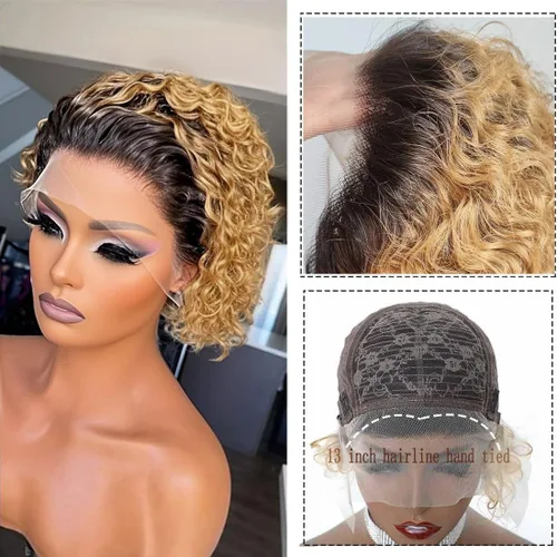 Miniatura 3 de INSTASTYLE Pelucas rubias degradadas con encaje frontal de 6 pulgadas, cabello humano de 13 x 1, corte Pixie, pelucas cortas rizadas de encaje HD