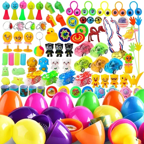 BLUE RIBBON Huevos de Pascua, 48 piezas, sorpresa rellena, coloridos rellenos con diferentes tipos de juguetes pequeños, perfectos para niños,