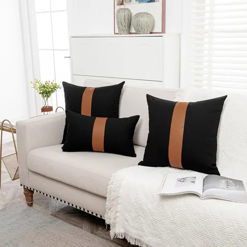 Miniatura 5 de Juego de 2 fundas de almohada negras y marrones de 18 x 18 pulgadas, fundas de almohadas modernas con rayas estilo granja para sofá, sala de estar