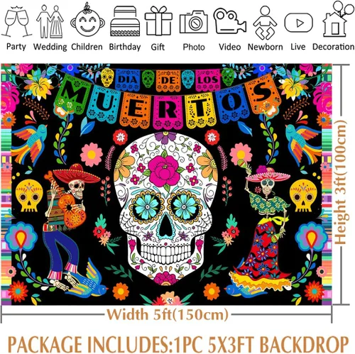 Miniatura 6 de Avezano Telón de fondo del Día de los Muertos, 5 x 3 pies, diseño de calavera de azúcar mexicana, fondo de fotografía de Dia DE Los Muertos