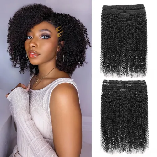 4 piezas de extensiones de cabello rizado afro con clip, 12 pulgadas 60g negro natural, encaje invisible sin costuras y espesor, 4B 4C clip de