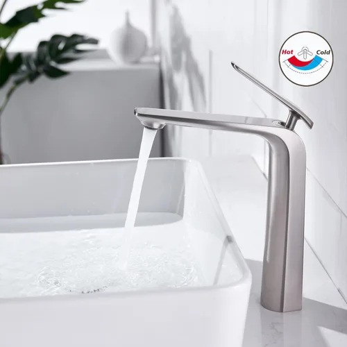 Miniatura 2 de TOCALOCA Grifo de lavabo alto, grifo mezclador de latón de alta calidad, níquel cepillado de una sola manija, 1 agujero, moderno comercial