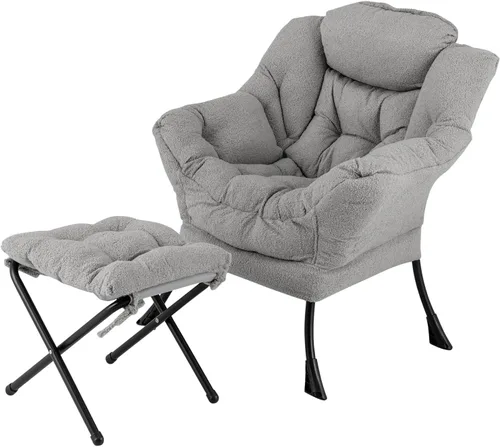 Miniatura 13 de Silla Lazy con otomana, silla decorativa moderna con reposabrazos y bolsillo lateral, sofá tapizado y reposapiés plegable, silla de lectura