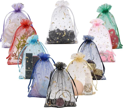 WenTao 100 bolsas de regalo de boda con estrellas de colores mixtos, bolsas de regalo con cordón de organza transparente, tamaño 4 x 6