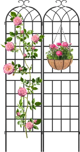 Miniatura 10 de LZRS - Paquete de 2 arcos de hierro rústico de 71x20 pulgadas para decoración de jardín con enrejado con revestimiento de metal negro – Perfecto