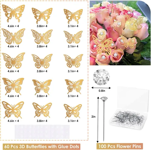 Miniatura 3 de ROADPLUM 20 hojas de papel de regalo de flores, kit de ramo de papel de regalo floral rosa con 100 alfileres de ramo de diamantes, 60 mariposas