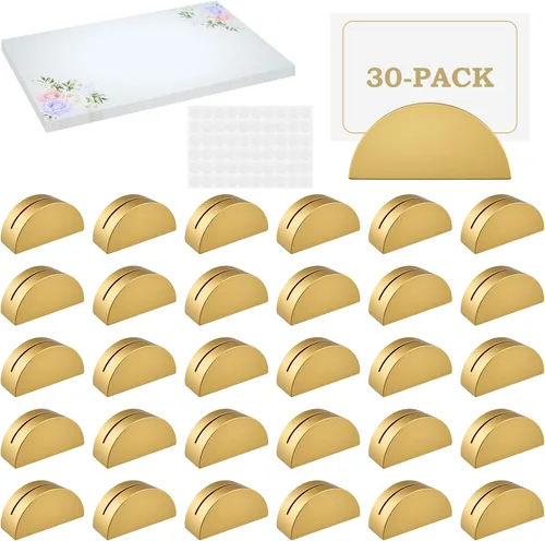 30 soportes de madera semicircular dorados para números de mesa y 40 tarjetas de lugar con pegamento, soportes ligeros para letreros de mesa para