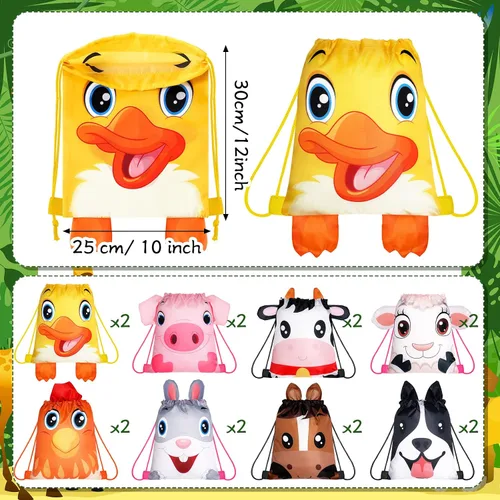 Miniatura 2 de Hillban 16 bolsas de animales con cordón para niños, mochila con cordón para fiestas de niños, con oreja, para safari, cumpleaños (estilo granja)