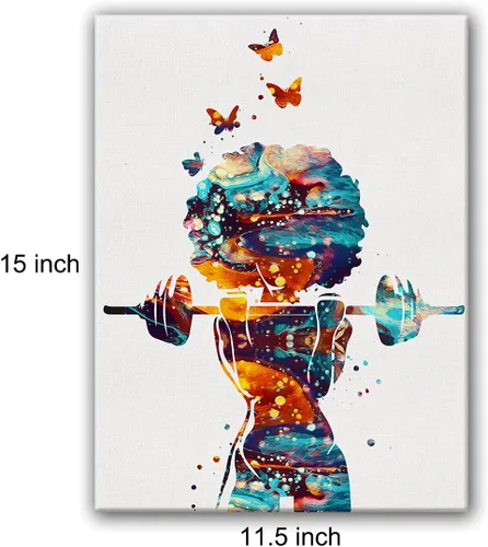 Miniatura 2 de Hijie Póster de acuarela de niña de fitness para decoración del hogar, dormitorio, gimnasio, lienzo para levantamiento de pesas, pintura de pared
