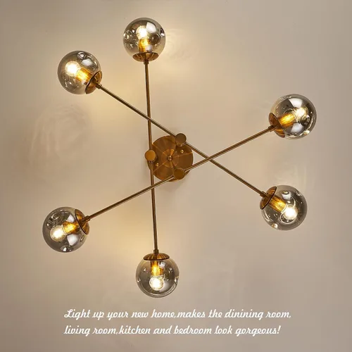 Miniatura 7 de DDLLDESHI Lámpara de araña de 6 luces dorada con cubierta esférica de vidrio Sputnik, lámpara de techo de 34" de gran tamaño para comedor, lámparas