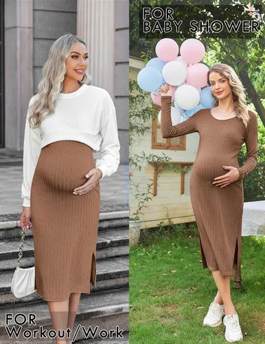 Miniatura 3 de Ekouaer Maternity Dress Rib Knit Long Sleeve Side Slit Bodycon Dresses Pregnancy Baby Shower Clothes S-XXL