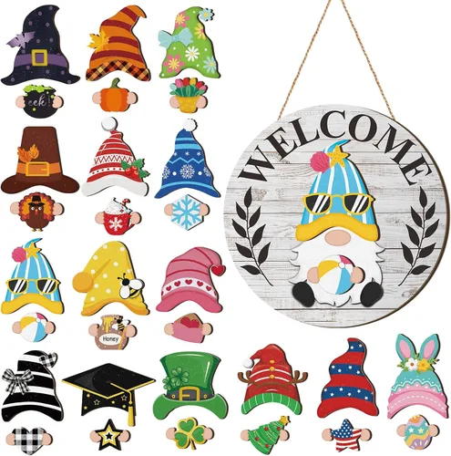 Miniatura 11 de Qunclay 31 piezas 3D de grano natural intercambiable de madera gnomo para puerta, decoraciones navideñas de gnomo con piezas magnéticas y sombreros