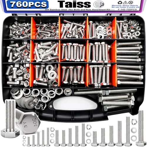 Taiss Surtido de pernos hexagonales y tuercas 1/4-20,5/16-18,3/8-16,1/2-13(1/2" a 2-1/2") Kit de surtido de tuercas y pernos de acero inoxidable 304