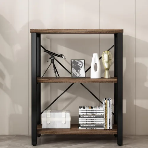 Miniatura 5 de AY-AOYUAN Librerías industriales de madera maciza de 3 niveles, estantería abierta Etagere con marco de metal, organizador de almacenamiento