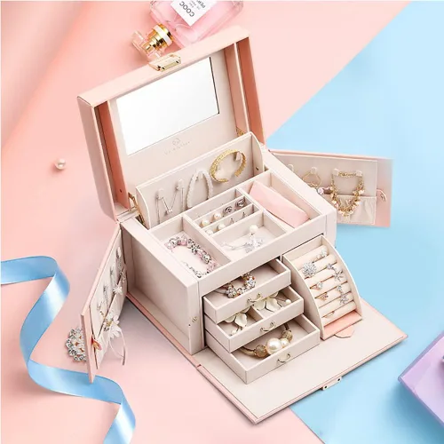 Miniatura 14 de vlando joyero organizador clásico de piel sintética con espejo y con llave