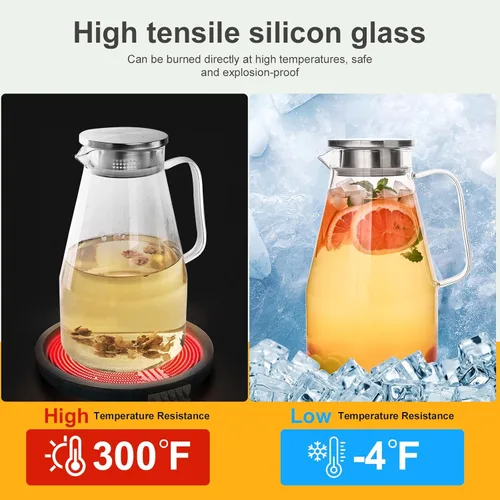 Miniatura 8 de Jarra de vidrio con tapa, jarra de agua de vidrio de 1 galón jarra de agua caliente/fría, jarra para bebidas de jugo y té helado con tapa