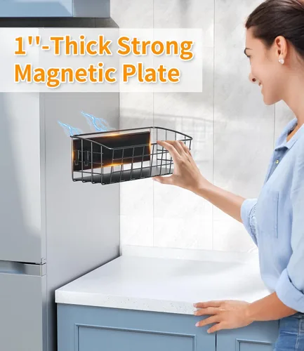 Miniatura 4 de Estante magnético para refrigerador, paquete de 2, estante magnético fuerte para especias con ganchos extraíbles para almacenamiento de cocina