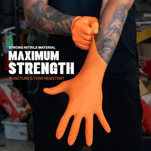Miniatura 2 de GRIPXX Herkules Grip Guantes de nitrilo de 8 mils de alta resistencia naranja, textura de diamante 3D elevada - Sin látex y polvo - Industriales