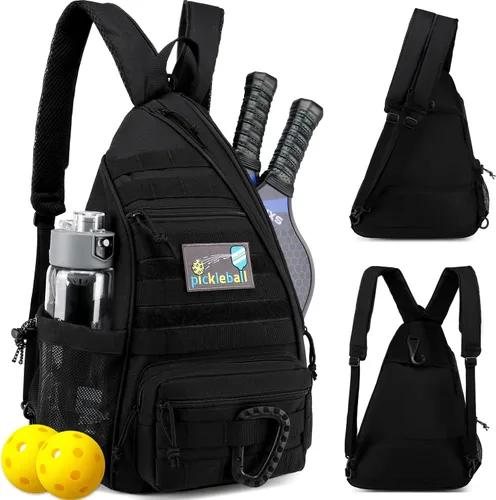 Bandolera de Pickleball SunForMorning, Mochila Táctica de Pickleball para Mujeres y Hombres, Bolsa de Hombro Ajustable con Gancho para Valla y Negro