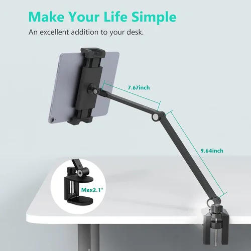 Miniatura 5 de Soporte de Escritorio para iPad, Abrazadera Ajustable para Tablet, Rotación de 360 Grados, Montura de Brazo de Tablet de Aluminio Resistente