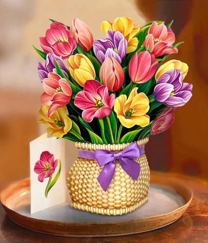 Miniatura 3 de Freshcut Paper Tarjetas Pop Up, Tulipanes Festivos, Ramo de Flores Eternas de Tamaño Real de 12 Pulgadas, Tarjeta de Felicitación Emergente 3D