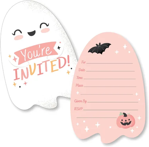 Big Dot of Happiness Tarjetas de invitación de Halloween rosadas, invitaciones para fiesta de calabaza con sobres blancos de primera calidad, juego