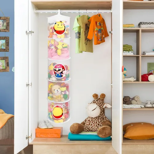 Miniatura 2 de Almacenamiento Colgante para Juguetes de Peluche, Organizador de Almacenamiento de Peluches Plegable para Rincón con 4 Compartimentos, Organizador