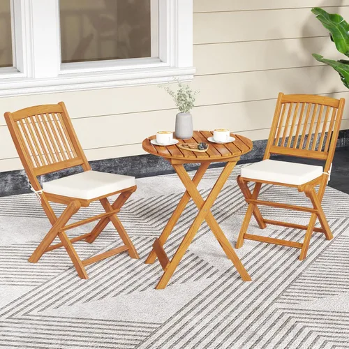 Miniatura 3 de HAPPYGRILL Juego de mesa y silla de 3 piezas con cojines plegables de madera y mesa auxiliar para balcón, jardín, patio trasero Blanco