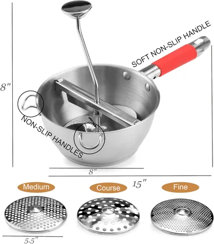 Miniatura 3 de Molino de alimentos de acero inoxidable – 3 discos de molinillo de alimentos – Enricer de patatas para puré de papas – Manivela de mano