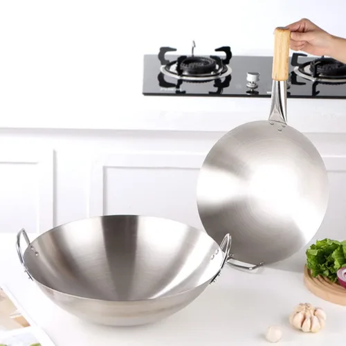 Miniatura 9 de Cabilock Wok de acero inoxidable de 12 pulgadas, sartén de fondo redondo de gran capacidad para estufa de gas, cocina tradicional india Kadai