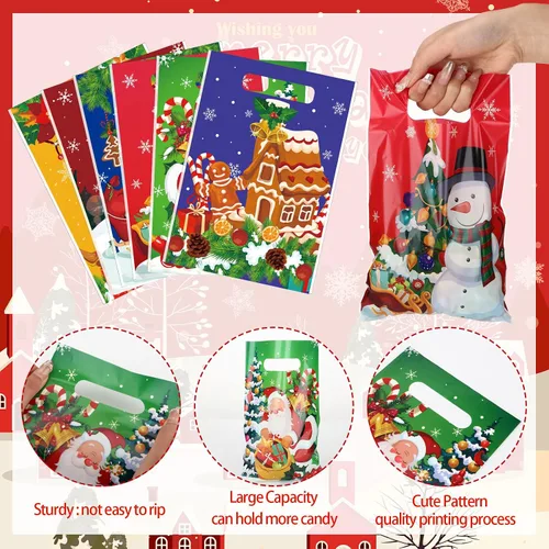 Miniatura 5 de Hotop - 150 bolsas de Navidad para aperitivos, recuerdos de fiesta de plástico con asas, envoltura de regalo para suministros de decoración