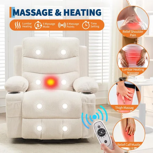 Miniatura 4 de Silla reclinable eléctrica para personas mayores con masaje y calor, reclinables eléctricos de gran tamaño, asiento de cine en casa con 2 portavasos