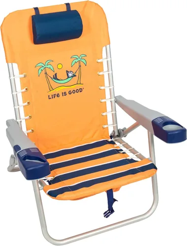 Life is Good Silla de playa con mochila con cordones de 4 posiciones con almohada, taza y soporte para teléfono, color naranja cañón