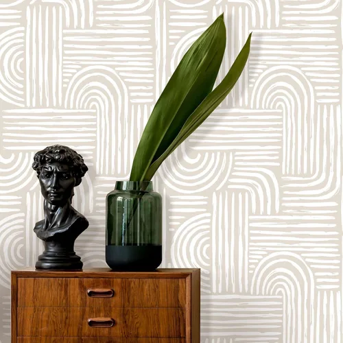 Miniatura 3 de Papel tapiz estético beige para despegar y pegar, mural geométrico autoadhesivo extraíble, líneas bohemias de mediados de siglo