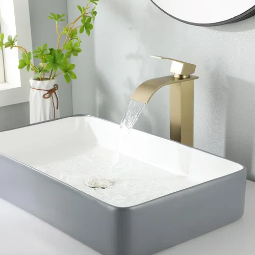 Miniatura 6 de Llave de fregadero, JXMMP llave de baño dorada cepillada con un solo agujero y manguera de suministro y desagüe desplegable, llave de cascada de una