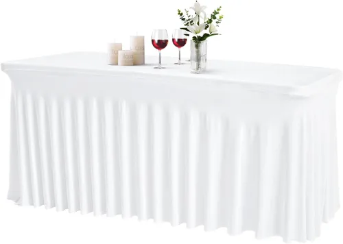 Miniatura 20 de JCJ Faldón de mesa para mesas rectangulares, manteles negros ajustados de spandex para mesas de 4 pies, faldones de mesa elásticos con volantes