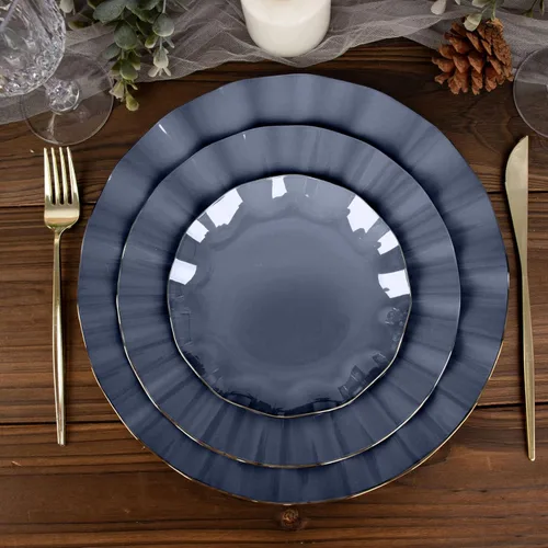 Miniatura 79 de Tableclothsfactory Paquete de 10 platos redondos de plástico negro de 6 pulgadas para ensalada de postre, platos desechables con borde ondulado