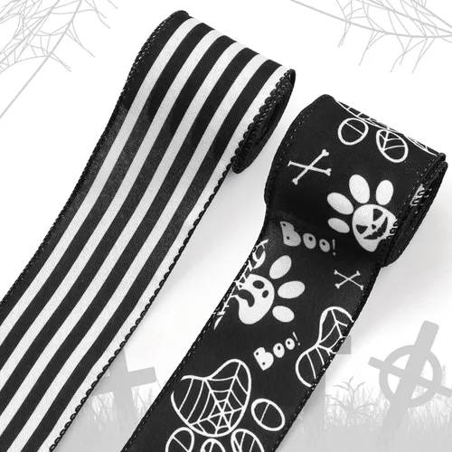 Miniatura 7 de Threetols 2 rollos de cinta de Halloween con borde con cable de 10 yardas, cinta de arpillera de tela de araña negra de 2.5 pulgadas, cinta