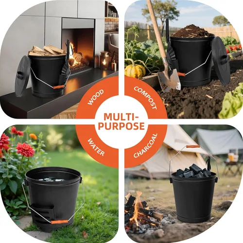 Miniatura 4 de Nouva Cubo de cenizas de 5.15 galones con tapa y pala - Cubo de cenizas galvanizado de metal para carbón para chimenea, fogata, estufa de leña