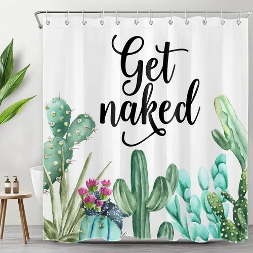 Miniatura 27 de LB Get Naked - Cortina de ducha de cactus con citas divertidas, plantas tropicales, suculentas, verdes, acuarela, cactus y flores, cortinas de ducha