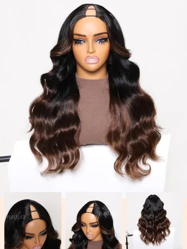 Miniatura 5 de Nadula - Peluca de onda corporal con raya en V, cabello humano sin mechas fuera, ombre de negro a marrón castaño, mejora de raya en U, peluca