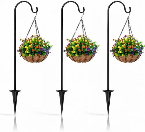 BESPORTBLE Gancho de pastor – Paquete de 3 ganchos de jardín al aire libre, poste de jardín de 27.5 pulgadas para colgar luces solares, comederos de