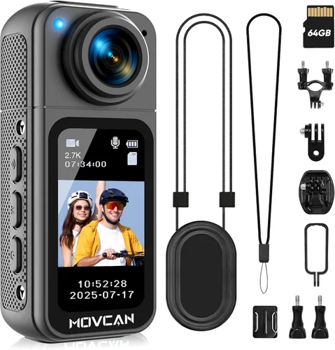 Movcan Cámara corporal S70 con grabación de audio y video, cámara corporal HD 1520P con lente giratoria de 180°, cámara de grabación manos libres