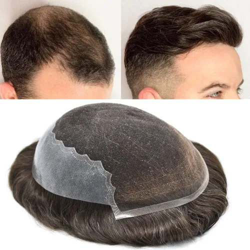 Miniatura 25 de Toupee - Sistemas de reemplazo de cabello para hombre, encaje frontal suizo, nudo blanqueado, pieza de cabello humano natural 1# negro azabache, 8 x
