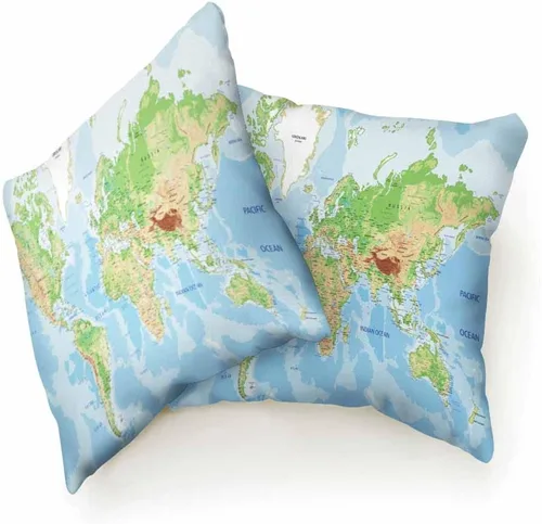 Miniatura 2 de Juego de 2 fundas de almohada decorativas con diseño de mapa del mundo, geografía terrestre y marítima con etiquetado, para el hogar, sofá, silla